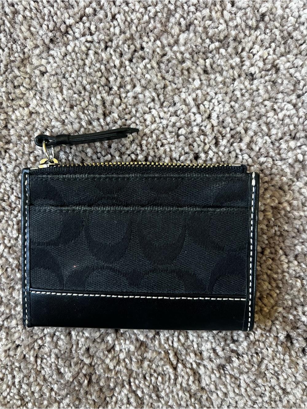Coach Black Signature Zip Card Case with White Stitching